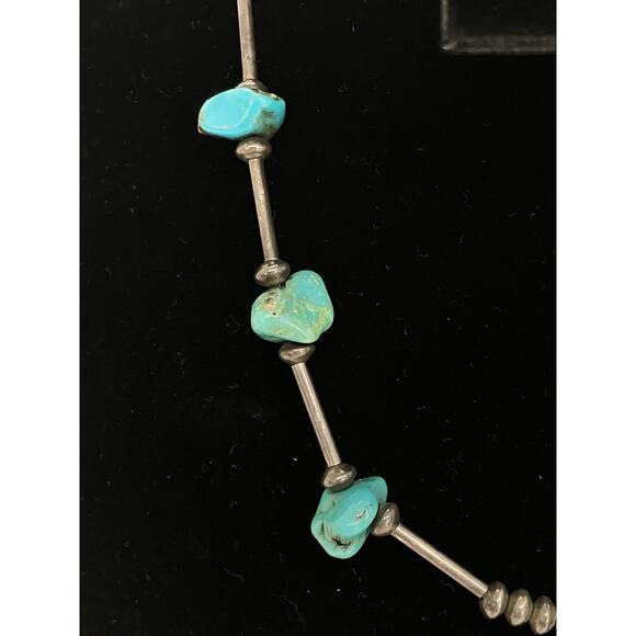 Native American Silver Bead, Turquoise Nuggets Vintage Necklace Choker 15” - Picture 5 of 8